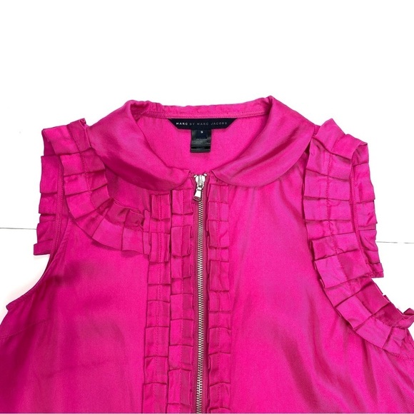 MARC by Marc Jacobs Silk Ruffle Cuffed Zip up Sleeveless Top in Fuchsia Pink - Picture 3 of 7